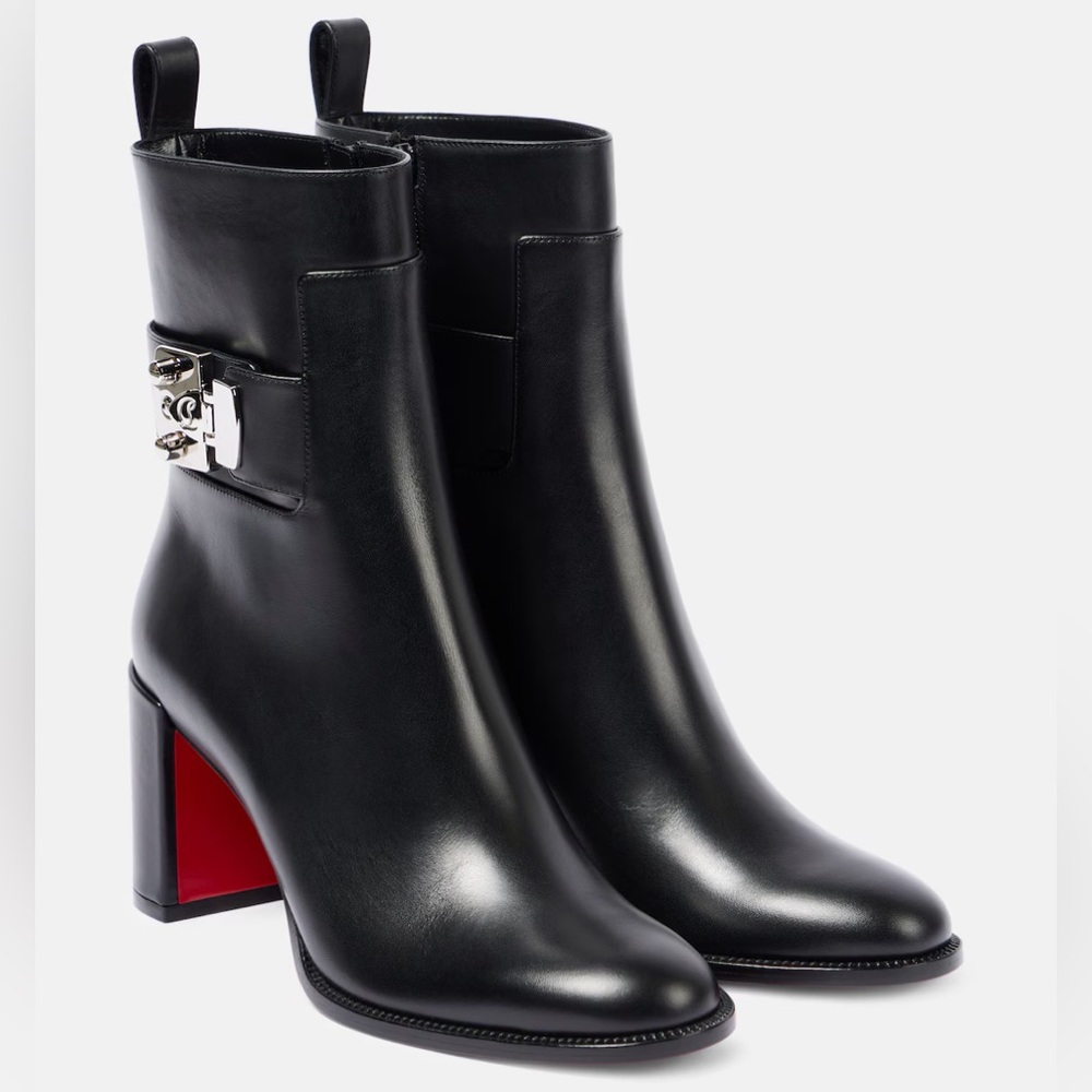 Christian louboutin booty lock black leather block heel boot booty sz 38.5